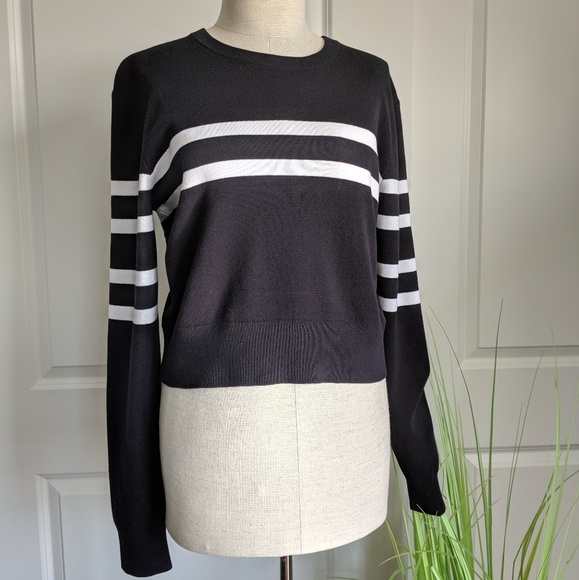 The Upside Sweater Crop Cut Out Back Long Sleeve Striped Indigo White L NWT - Picture 2 of 8